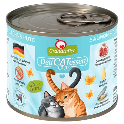 GranataPet DeliCATessen σολομός & γαλοπούλα, παρασκευάζεται στη Γερμανία, χωρίς δημητριακά, χωρίς δοκιμές σε ζώα, με σπόρους ροδιού, λάδι σολομού και πράσινο μύδι. Πατέ για γάτες.
