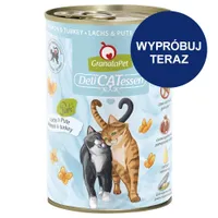 GranataPet DeliCATessen Paté Lachs & Pute, widoczne dwa koty, tekst: WYPRÓBUJ TERAZ, bez zbóż, z olejem z łososia i pestkami granatu, składnik: małże nowozelandzkie.