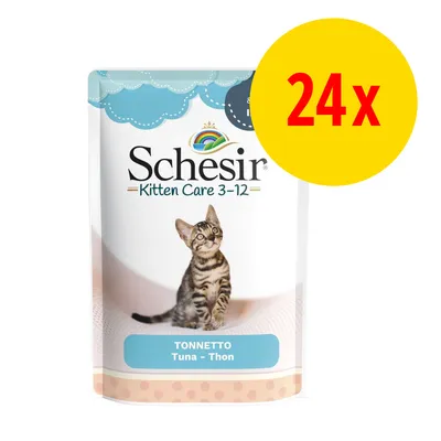Schesir Kitten Care 3-12, Tonnetto Thunfisch, 24x Portionsbeutel. Verpackung zeigt ein Kätzchen.