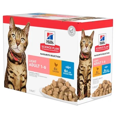 Hill's Science Plan Light Adult 1-6 cat food, Favourite Selection with 6x chicken and 6x ocean fish, chunks & gravy, 12x85g pack.