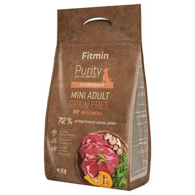 Fitmin Purity Holistic Dog Food Superpremium Mini Adult Grain Free Beef Menu, 72% animal protein, natural preservatives, shiitake mushrooms, fresh meat technology, 4 kg.