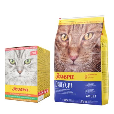 Josera Paté kaczka i kurczak z pietruszką. Wyprodukowano w Niemczech, przeciwko kulom włosowym, bez zbóż, zawiera olej z łososia.