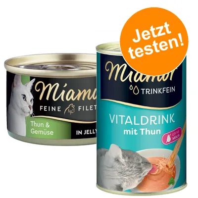 Miamor Feine Filets Thun & Gemüse in Jelly und Miamor Trinkfein Vitaldrink mit Thun, ohne Milch. Orangefarbener Button mit Text 'Jetzt testen!'.