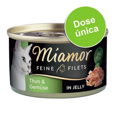 Lata de comida para gato Miamor Feine Filets Thun & Gemüse in Jelly, dose única, 100% filet visível no rótulo. Texto em alemão e português.