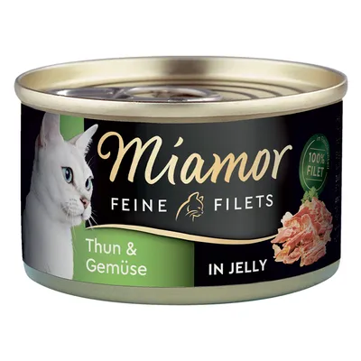 Miamor Feine Filets Thun & Gemüse in Jelly, 100% Filet, Katzenfutter-Dose mit Abbildung von weisser Katze und Thunfischstücken.