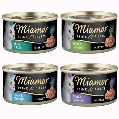 Miamor Feine Filets tonnikala ja vihannekset hyytelössä, 24x100g tölkit, 100 % fileetä. Tuotekuva punaisella pakkauskoon merkinnällä.