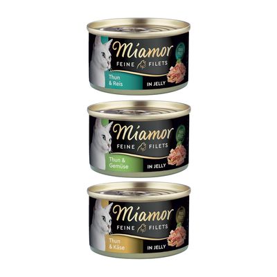 Miamor Feine Filets In Jelly mit Huhn & Reis. Verschiedene Sorten Dosenfutter abgebildet. Orangefarbener Kreis mit Text: Jetzt testen!