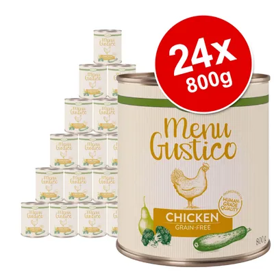 Menu Gustico Chicken Grain-Free, 24 x 800g tins. Label shows chicken illustration, vegetables, and text: 'Human Grade Quality'.