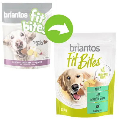 Cambio de envase: briantos FitBites cordero con patatas y manzanas, 150 g. Nuevo diseño muestra texto 'Grain-Free Recipe', 'Adult', 'Monoprotein'. Imagen de perro y trozos de snack. Cambio de envase: briantos FitBites cordero con patatas y manzanas, 150 g. Nuevo diseño muestra texto 'Grain-Free Recipe', 'Adult', 'Monoprotein'. Imagen de perro y trozos de snack.