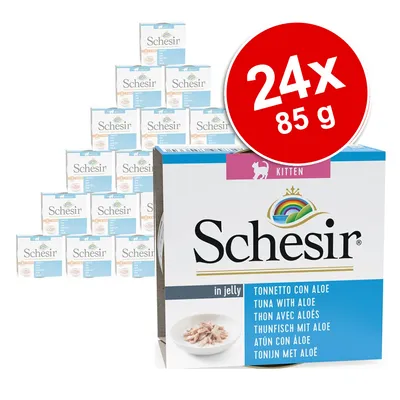 Pachet 24x85 g Schesir Kitten, ton cu aloe în aspic. Text vizibil: Tuna with aloe, Thunfisch mit Aloe, Atún con aloe, Tonijn met aloë.