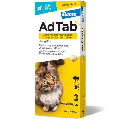 Elanco AdTab comprimidos para gatos de 2,0 a 8,0 kg, 3 unidades, 48 mg lotilaner. Eficaz contra pulgas y garrapatas durante 30 días.