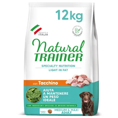 Natural Trainer pienso para perros, 12 kg, con pavo. Bajo en grasa, ayuda a mantener el peso ideal. Para perros adultos medianos y grandes. Ingredientes de origen natural, fabricado en Italia.