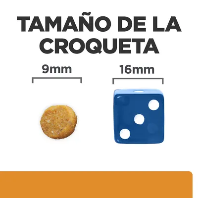 Tamaño de la croqueta: imagen comparativa con una croqueta de 9 mm y un dado azul de 16 mm. Texto visible: 'TAMAÑO DE LA CROQUETA', '9 mm', '16 mm'.
