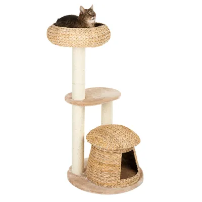 Arbre à chat en sisal et osier avec niche fermée, deux plateformes et un panier supérieur, chat allongé dans le panier. Base et plateformes recouvertes de tissu beige.