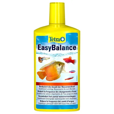 Tetra EasyBalance, flacone giallo con pesci, testo visibile: riduce la frequenza dei cambi d'acqua, stabilizza i principali valori dell'acqua fino a 6 mesi. Tetra EasyBalance, flacone giallo con pesci, testo visibile: riduce la frequenza dei cambi d'acqua, stabilizza i principali valori dell'acqua fino a 6 mesi.
