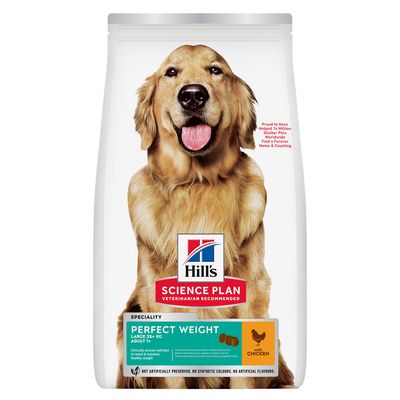 Hill's Science Plan Perfect Weight Large 25 kg+ Adult 1+ med kylling. Specialty. Clinically proven nutrition to reach & maintain healthy weight. Ikke kunstigt konserveret, farvet eller smagsat.