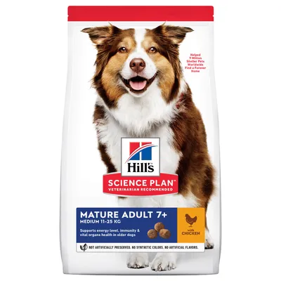 Hill's Science Plan Mature Adult 7+ Medium 11-25 кг с пиле. Подпомага енергията, имунитета и здравето на органите при възрастни кучета. Без изкуствени консерванти, оцветители или аромати.