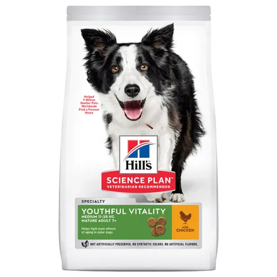 Hill's Science Plan Youthful Vitality keskikokoisille koirille 11–25 kg, Mature Adult 7+, kanaa. Tukee ikääntyviä koiria ikääntymisen vaikutuksia vastaan. Ei keinotekoisia säilöntäaineita.