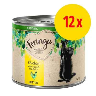 Feringa Organic Chicken with apple & dandelion KITTEN, konzerva 200 g, balení 12×. Na obalu černé kotě a nápis HOMEMADE TASTE BEGINS WITH LOVE. Feringa Organic Chicken with apple & dandelion KITTEN, konzerva 200 g, balení 12×. Na obalu černé kotě a nápis HOMEMADE TASTE BEGINS WITH LOVE.