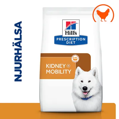 Hill's Prescription Diet hundfoder, text: KIDNEY + MOBILITY, NJURHÄLSA, bild av vit hund och orange kycklingsymbol synliga på förpackningen.