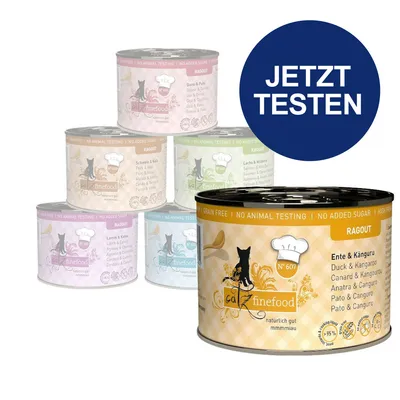 Cat Finefood Ragout, verschiedene Sorten: Ente & Känguru, Schwein & Kalb, Lachs & Wildfleisch. Ohne Getreide, ohne Zuckerzusatz, keine Tierversuche. Jetzt testen.