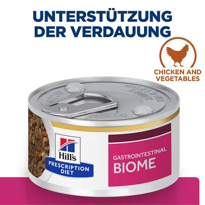 Boîte Hill's Prescription Diet Gastrointestinal Biome, texte visible : 'UNTERSTÜTZUNG DER VERDAUUNG', 'CHICKEN AND VEGETABLES', étiquette rose et bleue sur la boîte.