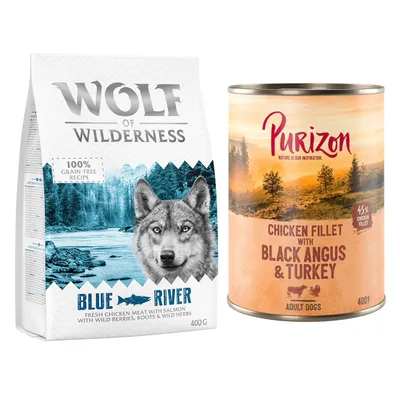 Kombi-Paket: 400 g Wolf of Wilderness Trockenfutter + 400 g Purizon Nassfutter - Wolf of Wilderness Blue River Lachs + Purizon Black Angus mit Truthahn Kombi-Paket: 400 g Wolf of Wilderness Trockenfutter + 400 g Purizon Nassfutter - Wolf of Wilderness Blue River Lachs + Purizon Black Angus mit Truthahn