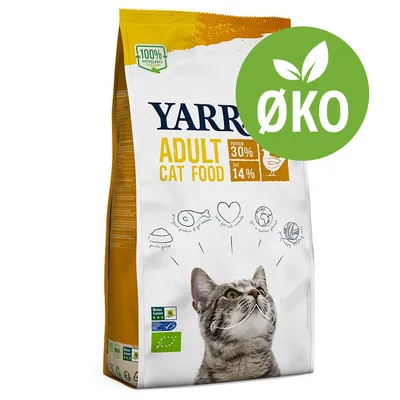 Yarrah Adult Cat Food, protein 30 %, fat 14 %, 100 % recyclable packaging, ØKO-mærke, Beter Leven og EU-økologi mærker synlige på posen.