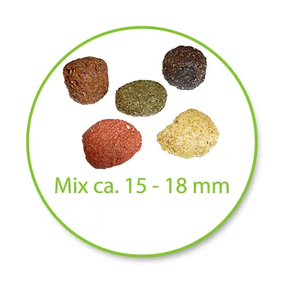 Fem olika färger av foderbitar, text: Mix ca. 15–18 mm
