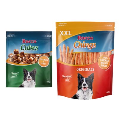 Rocco Chings Originals XXL, 100% Chicken Breast Strips, 900g. Verpackung mit Hundebild und resealable Hinweis.