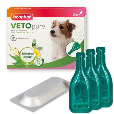 VETOpure spot-on with margosa extract, repels fleas, up to 12 weeks protection. Image shows three green pipettes and product packaging.
