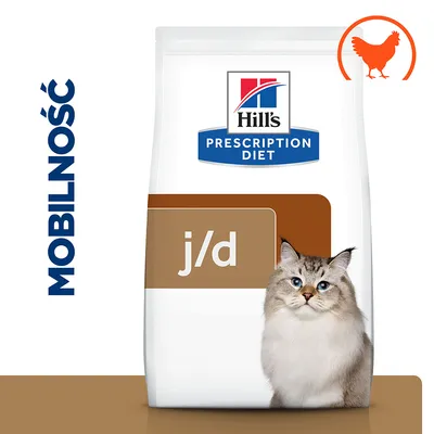 Hill's Prescription Diet j/d karma dla kota, napis MOBILNOŚĆ, symbol kurczaka, zdjęcie kota na opakowaniu.