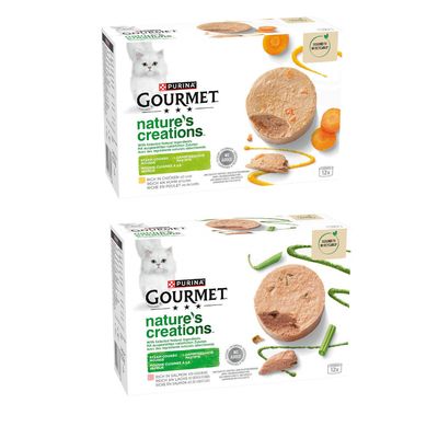 Purina Gourmet Nature's Creations, gőzölt mousse csirkével és sárgarépával, adalékanyagok nélkül, 12 x 85 g csomag.