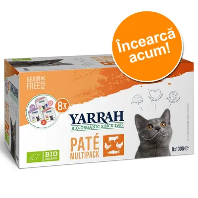 Yarrah Bio-Organic Paté Multipack pentru pisici, 8x100g, fără cereale. Text vizibil: 'Încearcă acum!', 'BIO ORGANIC', imagini cu animale și un motan gri pe ambalaj. Yarrah Bio-Organic Paté Multipack pentru pisici, 8x100g, fără cereale. Text vizibil: 'Încearcă acum!', 'BIO ORGANIC', imagini cu animale și un motan gri pe ambalaj.