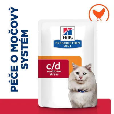 Hill's Prescription Diet c/d multicare stress, péče o močový systém, balení s obrázkem kočky a ikonou kuřete v pravém horním rohu