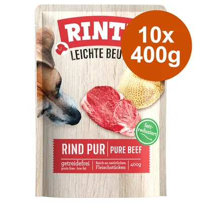 RINTI Leichte Beute Rind Pur, 10x400g, getreidefrei, faible en matières grasses, riche en morceaux de viande naturelle, texte allemand et anglais visibles sur l’emballage