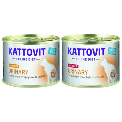 Kattovit Feline Diet Urinary mit Huhn, Struvitstein-Prophylaxe (FLUTD), Neue Sorte – puszka karmy dla kotów z widocznym napisem na etykiecie.