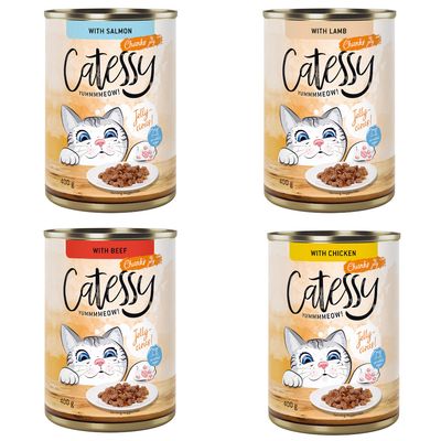 Catisfactions Yummmeow! kissan märkäruoka, with lamb, 400 g. Pakkauksessa näkyy annos hyytelössä olevaa ruokaa ja teksti '48x' keltaisella ympyrällä.