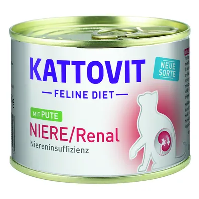 Boîte Kattovit Feline Diet NIERE/Renal mit Pute, Niereninsuffizienz, texte en allemand, illustration de chat, conserve pour chats visible.