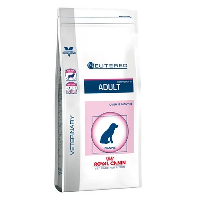 Royal Canin Vet Care Nutrition Neutered Adult Canine -koiranruoka, teksti: OVER 12 MONTHS, VETERINARY EXCLUSIVE, siluetti koirasta, valkoinen pussi