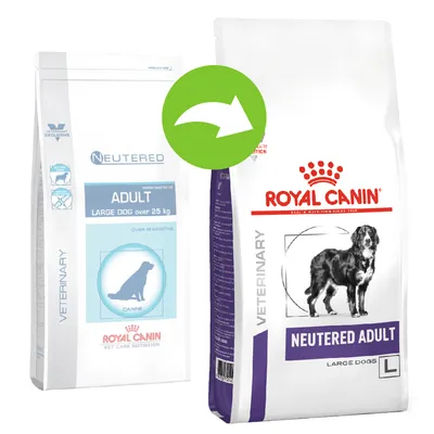 Royal Canin Neutered Adult Large Dog -koiranruokapakkausten uudistus: vanha ja uusi pakkaus vierekkäin, vihreä nuoli osoittaa muutosta. Tekstit: NEUTERED ADULT LARGE DOGS L.