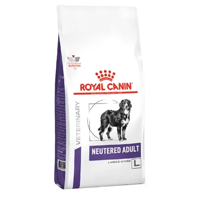 Balení s textem ROYAL CANIN, VETERINARY NUTRITION, NEUTERED ADULT, LARGE DOGS L a obrázkem velkého psa. Fialový a bílý design obalu.