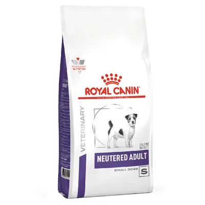 Balení krmiva Royal Canin Veterinary Neutered Adult Small Dogs S, obrázek malého psa, text NEUTERED ADULT, VETERINARY NUTRITION, S/O INDEX, SMALL DOGS, písmeno S. Balení krmiva Royal Canin Veterinary Neutered Adult Small Dogs S, obrázek malého psa, text NEUTERED ADULT, VETERINARY NUTRITION, S/O INDEX, SMALL DOGS, písmeno S.