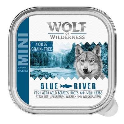 Wolf of Wilderness Mini Blue River. Ryba s lesními plody, kořeny a divokými bylinami. 100% bez obilovin.