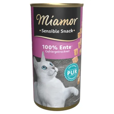 Miamor Sensible Snack, 100% duck, freeze-dried, PURE with salmon oil, grain-free. Packaging shows a white cat and duck pieces.