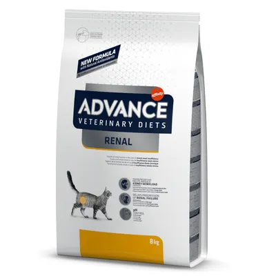 Advance Veterinary Diets Renal kattefoder, 8 kg pose. Tekst: New Formula with Natural Antioxidants. Ingen kunstige antioxidanter. Illustration af kat og piktogrammer for nyrefunktion.
