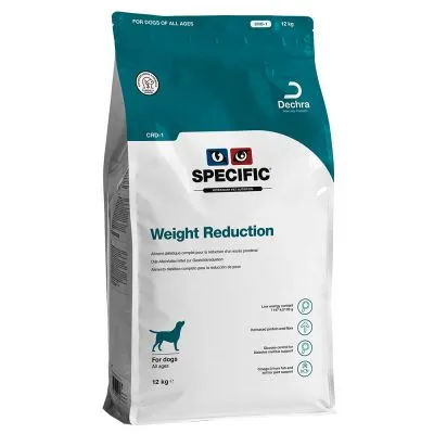Balení krmiva pro psy Specific Weight Reduction, Dechra, 12 kg. Viditelný text: For dogs all ages, nízký obsah energie, zvýšený obsah vlákniny a bílkovin, omega-3 z rybího oleje. Balení krmiva pro psy Specific Weight Reduction, Dechra, 12 kg. Viditelný text: For dogs all ages, nízký obsah energie, zvýšený obsah vlákniny a bílkovin, omega-3 z rybího oleje.