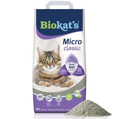 Biokat's Micro Classic kattenbakvulling, hoge absorptie, extra fijn, sterke geurbinding, stevige platte klonten, 14L, CO2-vriendelijk, 60 dagen, parfumvrij, stofarm.