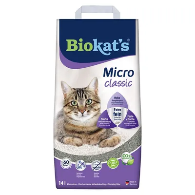 Confezione Biokat's Micro classic lettiera agglomerante per gatti, 14 l. Testo visibile: Hohe Saugfähigkeit, Extra fein, Starke Geruchsbindung, Feste flache Klumpen, 60 Days!, PURE, CO2 FRIENDLY.