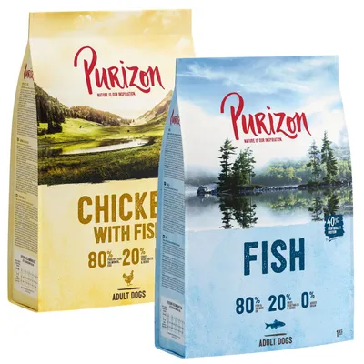 Purizon Trockenfutter für erwachsene Hunde. Sorten: Chicken with Fish und Fish. Proteinanteil 80%, Gemüse & Früchte 20%, Getreide 0%. Verpackungsgrössen sichtbar.